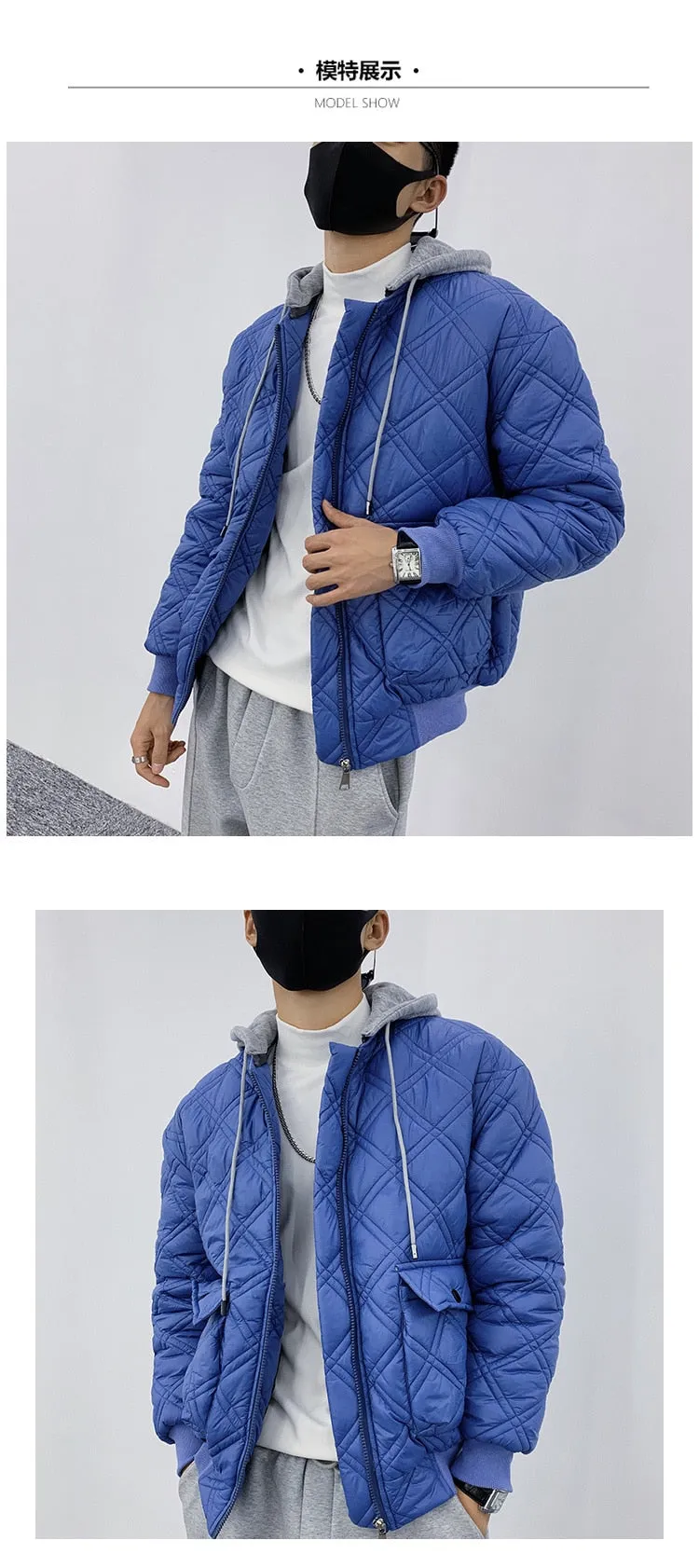 Men's Korean Winter Polyester Detachable Hat Loose Thick Warm Jacket