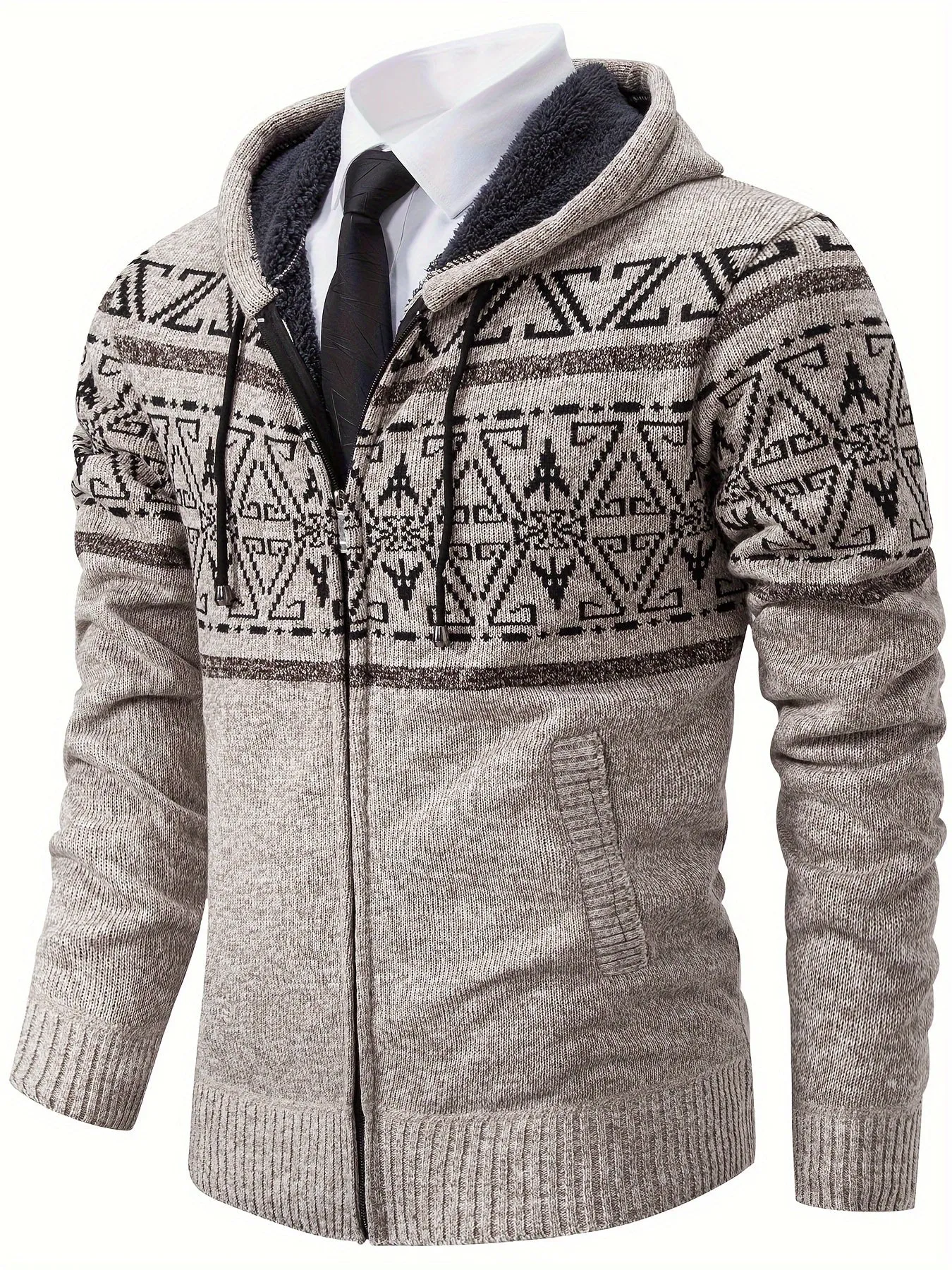 Men's Southwest Casual Geometric Print Warm Fleece Hooded Cardigan Sweater Coat For Fall Winter