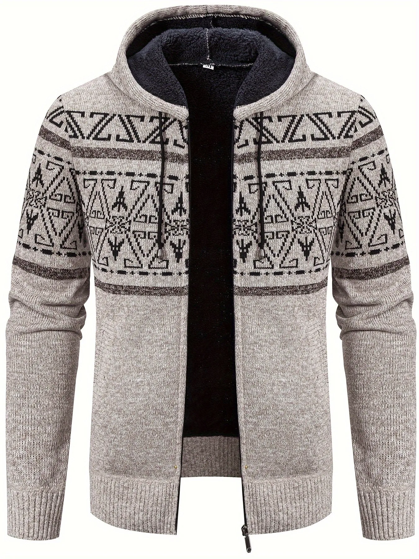 Men's Southwest Casual Geometric Print Warm Fleece Hooded Cardigan Sweater Coat For Fall Winter