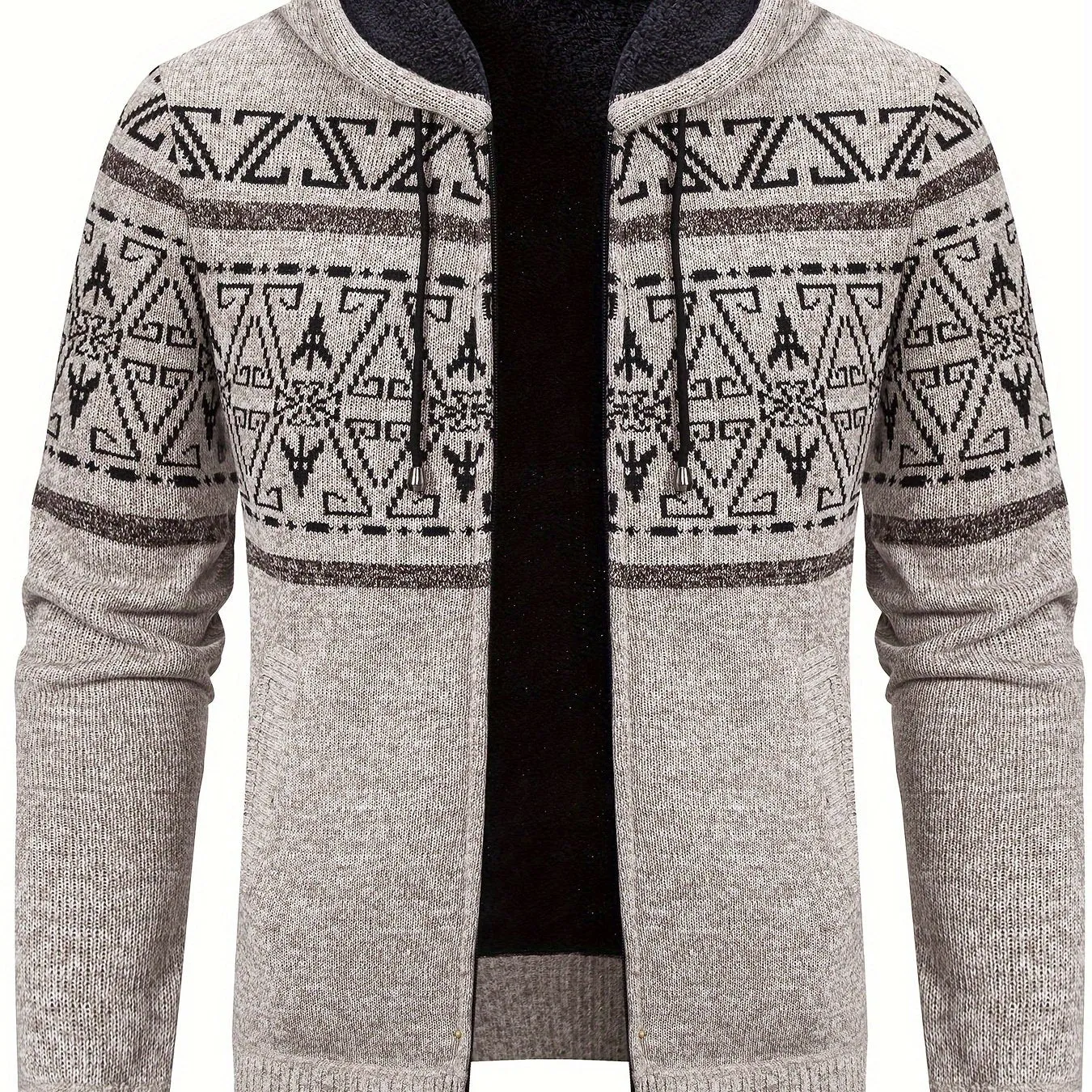 Men's Southwest Casual Geometric Print Warm Fleece Hooded Cardigan Sweater Coat For Fall Winter