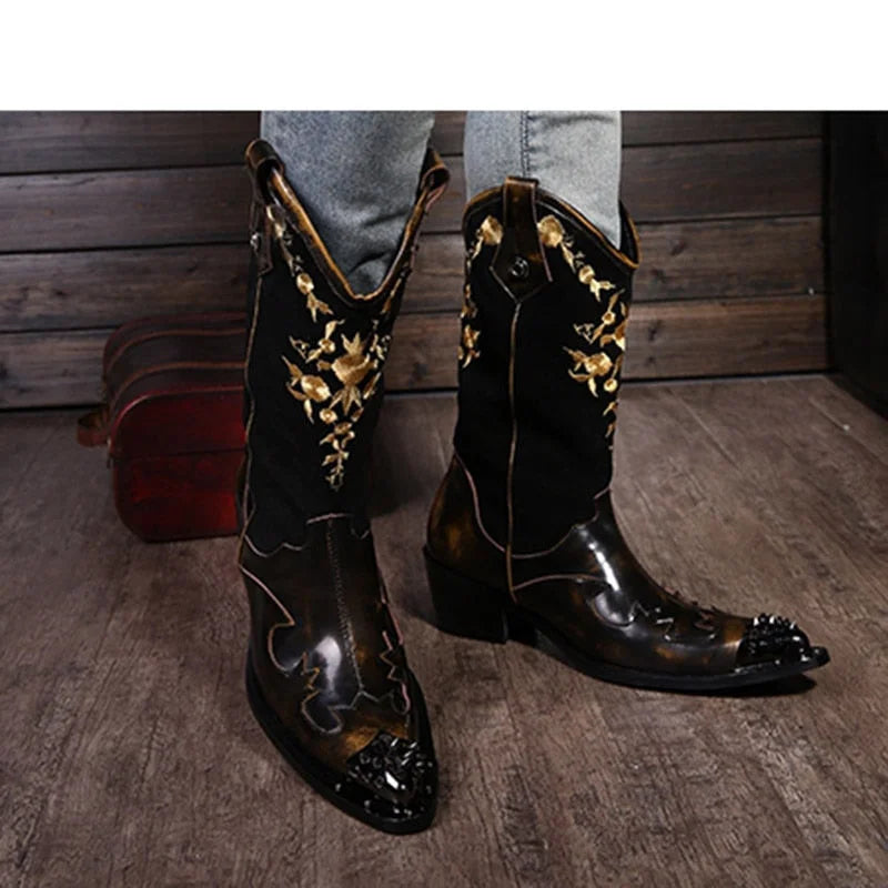 Men's Super Cool Cowboy Solid Leather Pointed Toe Knight Motorcycle Boots