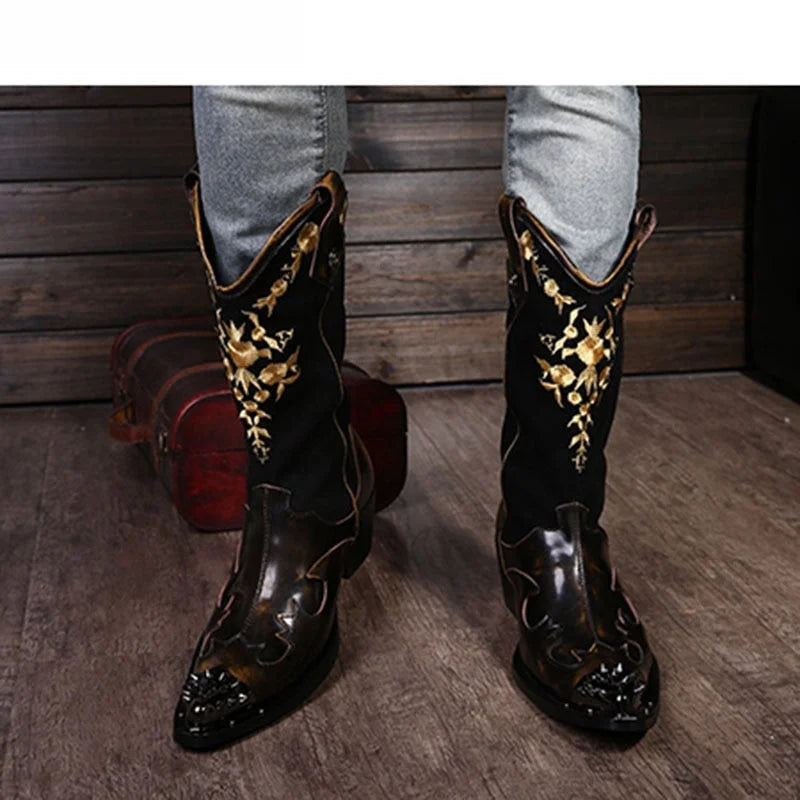 Men's Super Cool Cowboy Solid Leather Pointed Toe Knight Motorcycle Boots