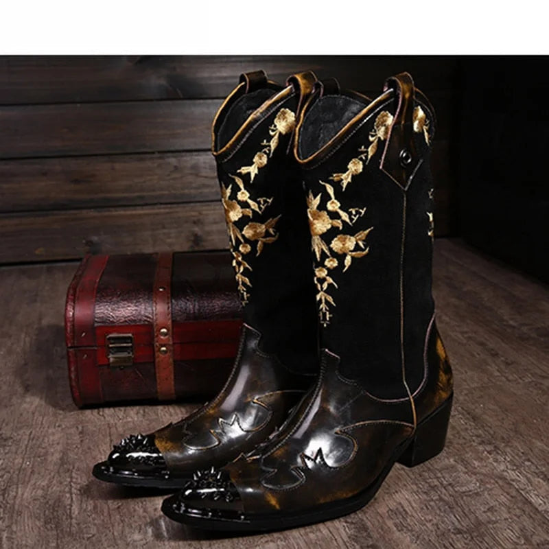 Men's Super Cool Cowboy Solid Leather Pointed Toe Knight Motorcycle Boots