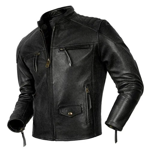 Men's Vintage Genuine Cowhide Leather Motorcycle Street Jacket