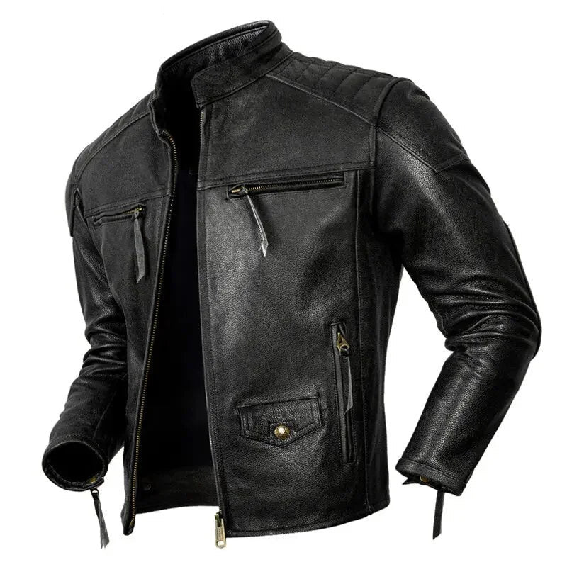 Men's Vintage Genuine Cowhide Leather Motorcycle Street Jacket