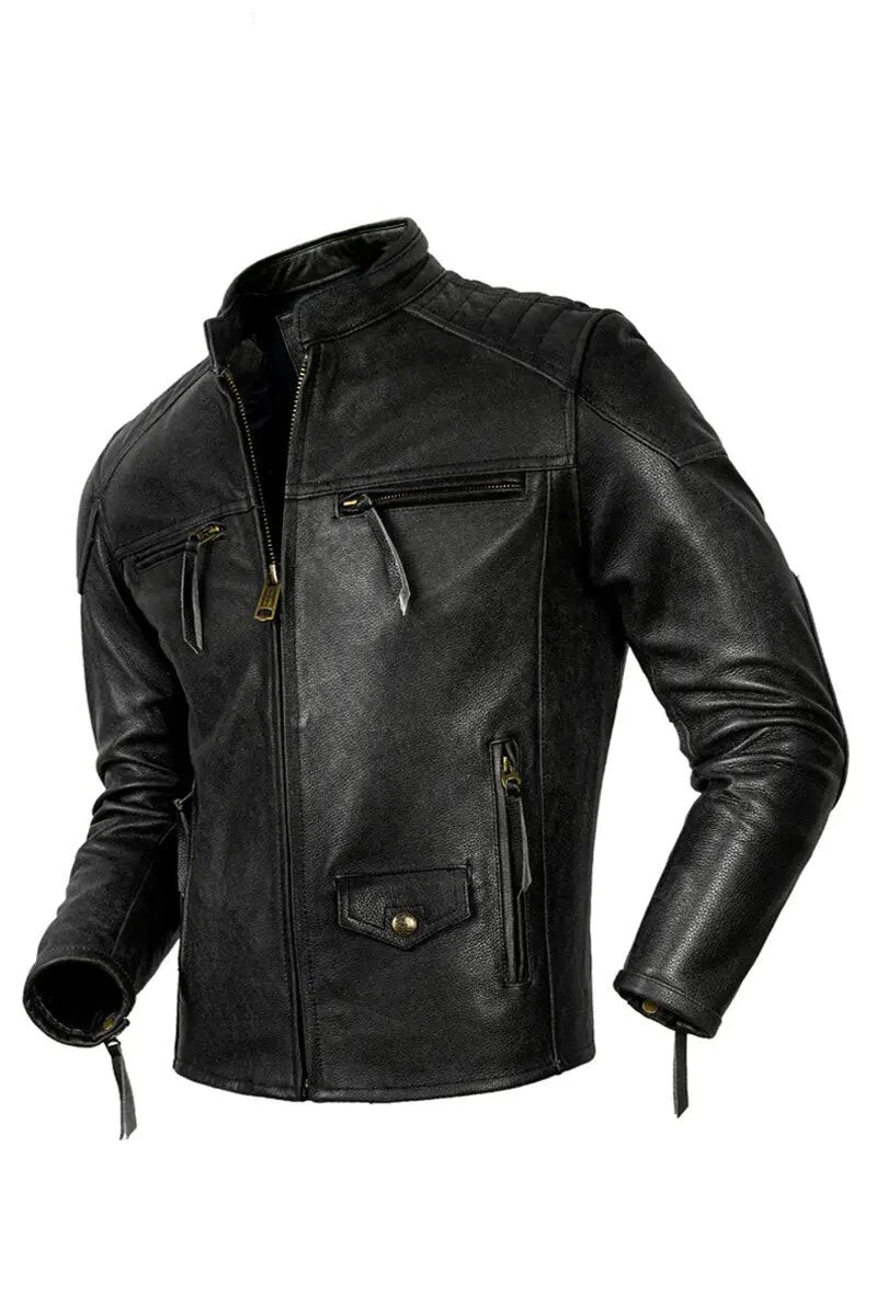 Men's Vintage Genuine Cowhide Leather Motorcycle Street Jacket