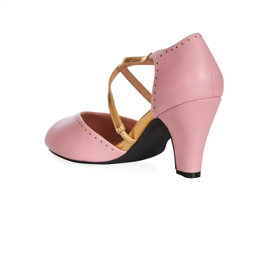 Pastel Pink Peep Toe dance shoes with Gold crossover strap detail