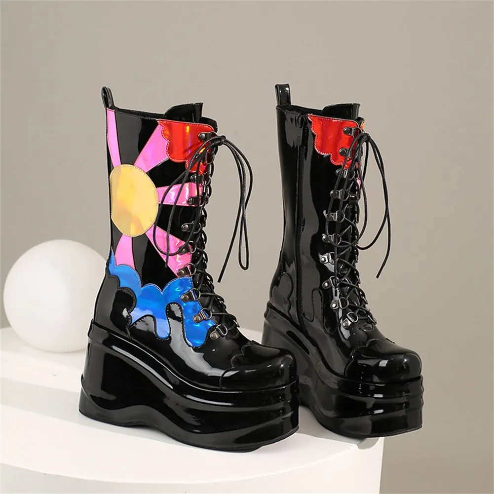 Punk Women's Handmade Winter Zipper Mid Calf Motorcycle High Heels Boots