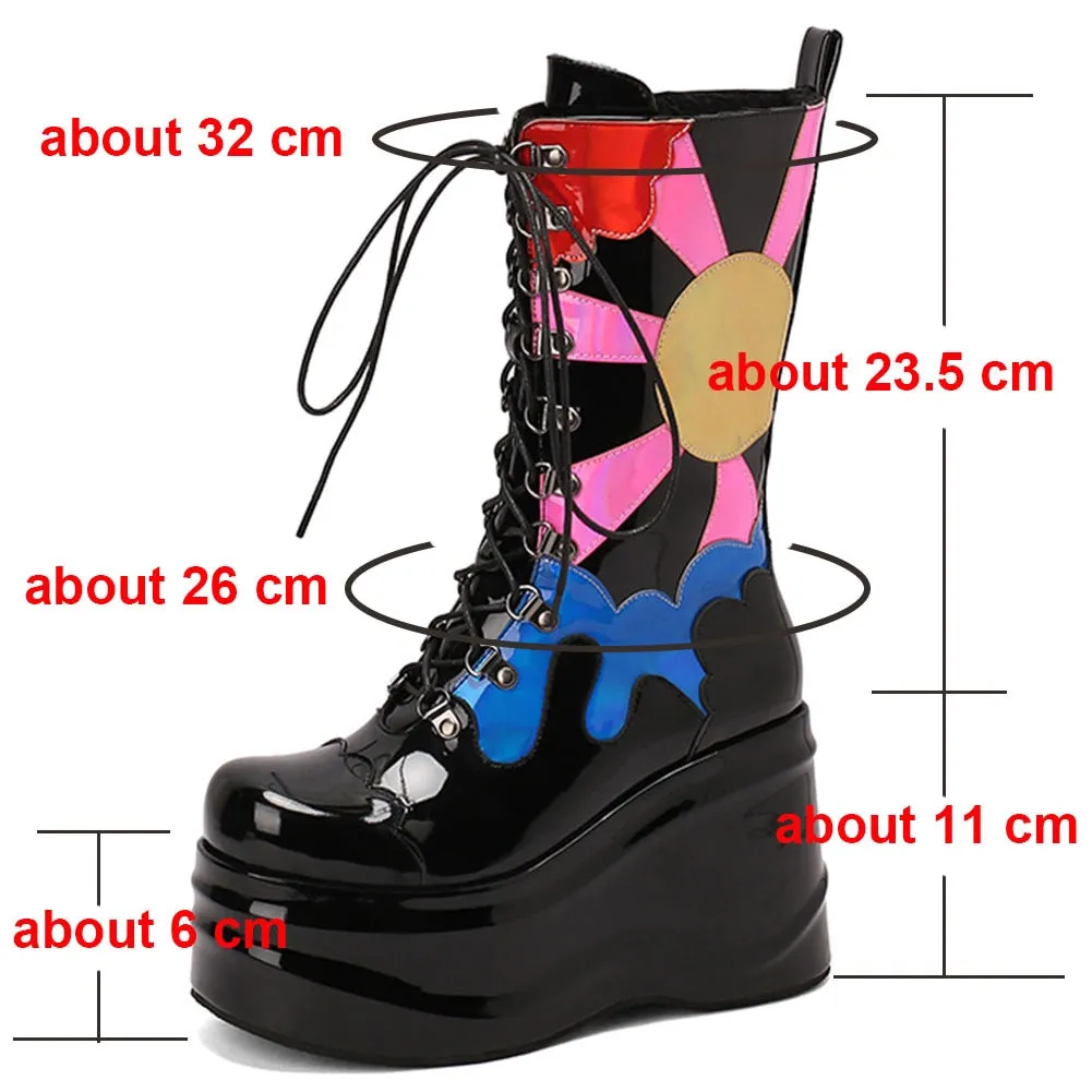 Punk Women's Handmade Winter Zipper Mid Calf Motorcycle High Heels Boots