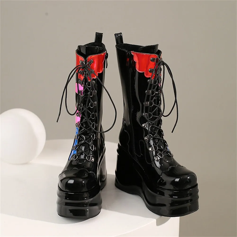 Punk Women's Handmade Winter Zipper Mid Calf Motorcycle High Heels Boots