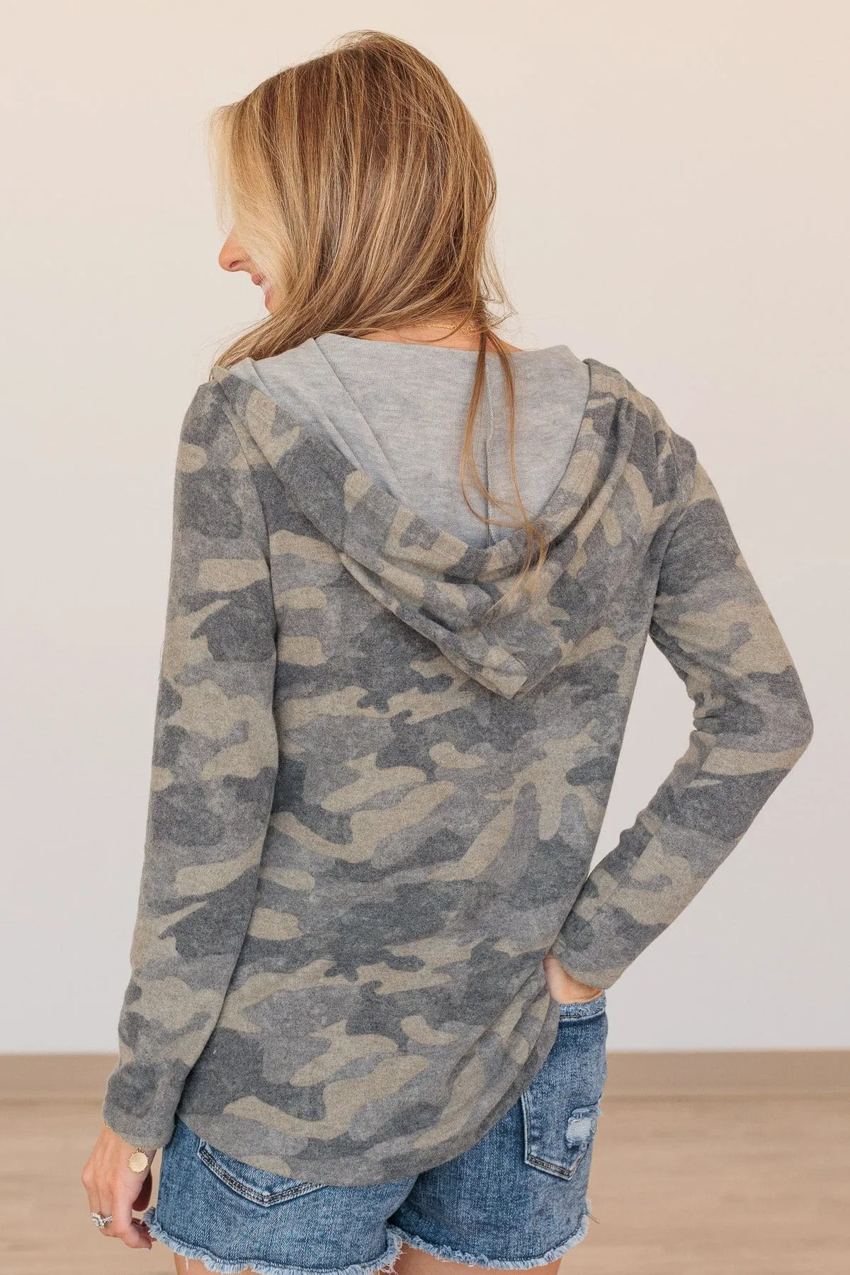 Search High & Low Drawstring Hoodie- Camo