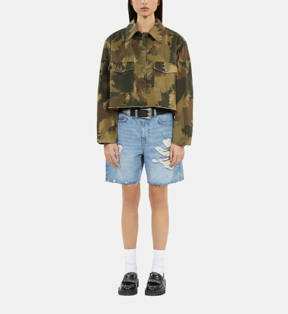 Short camouflage denim jacket