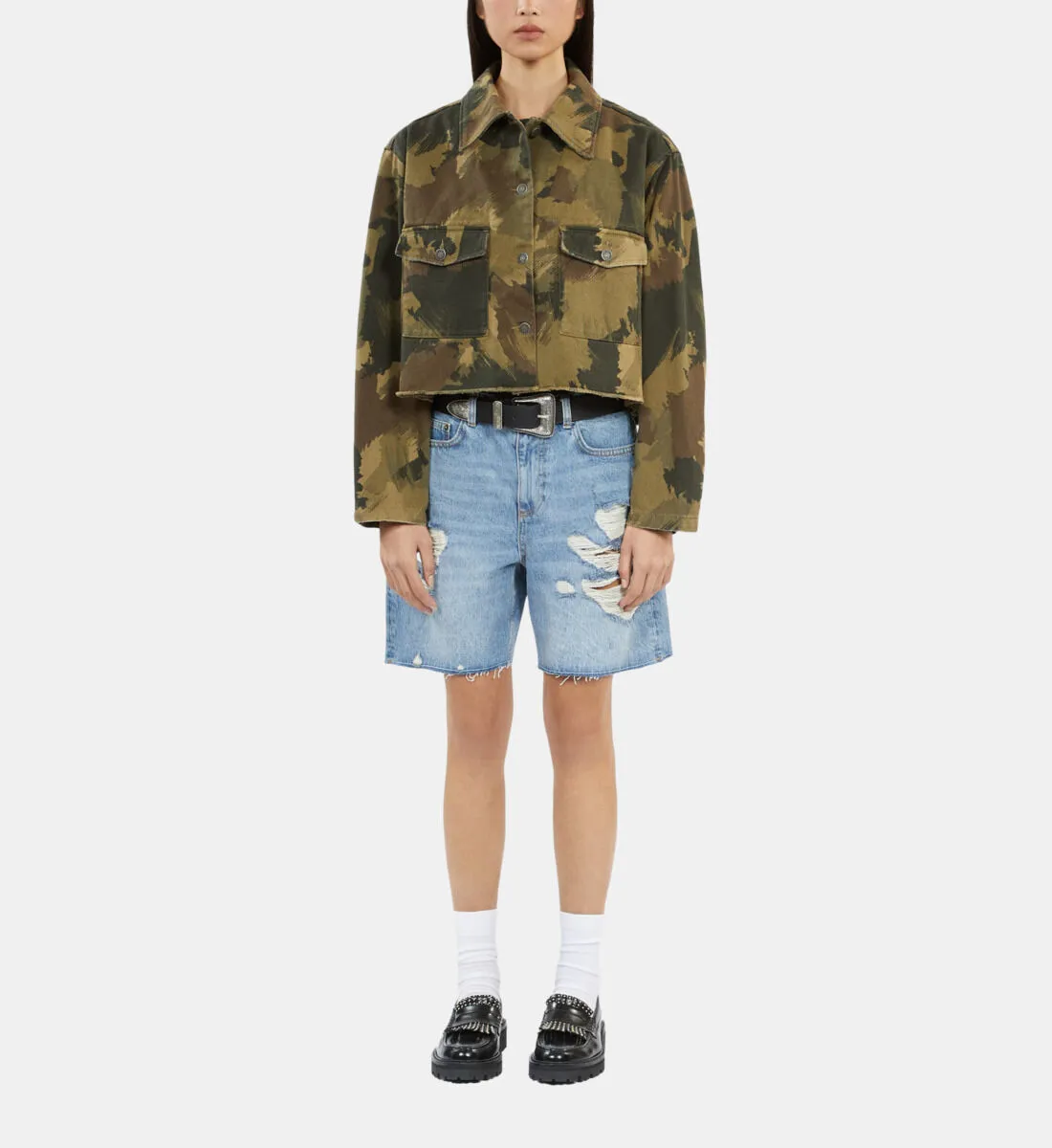 Short camouflage denim jacket