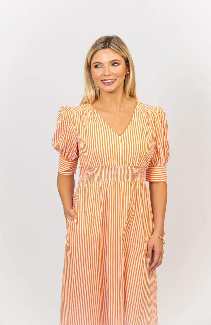 Stripe Poplin Vneck Dress