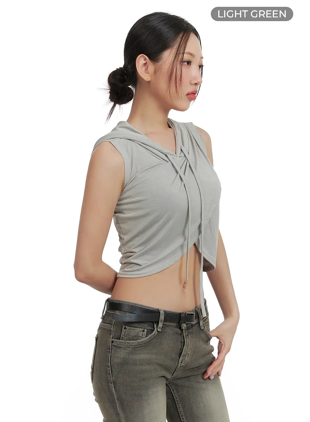 Unbalanced Wrap Sleeveless Cropped Hoodie CA416