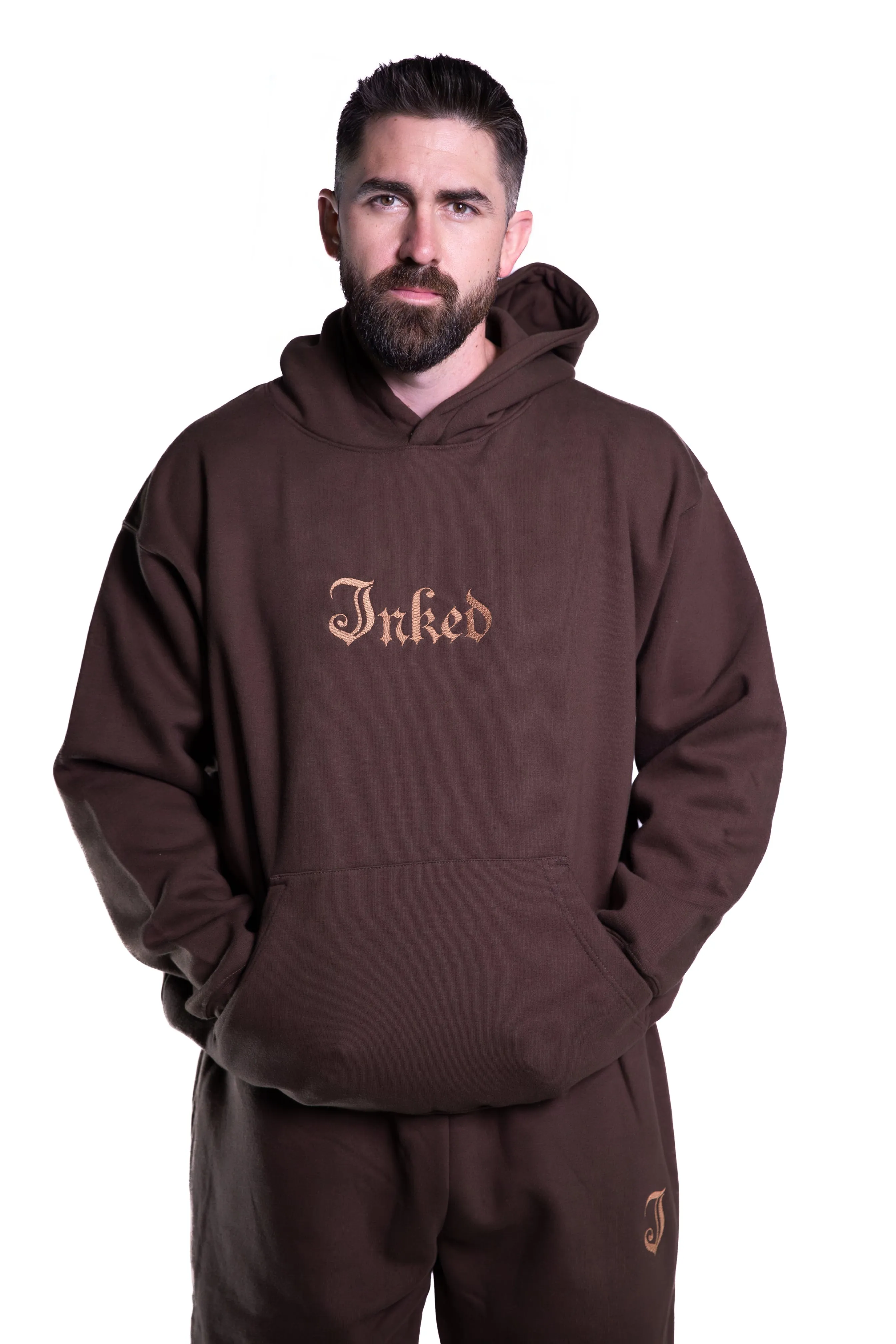 Unisex Inked Logo Embroidered Hoodie - Brown