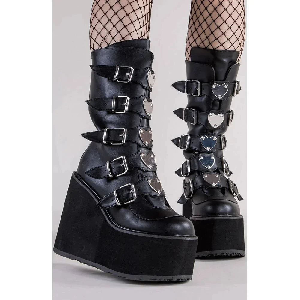 Women's Fashion Black Color Buckle Zipper Mid Calf Platform Gothic Boots