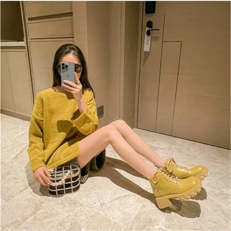 Women's Genuine Leather Square Toe Cross Tied Platform Ankle Boots