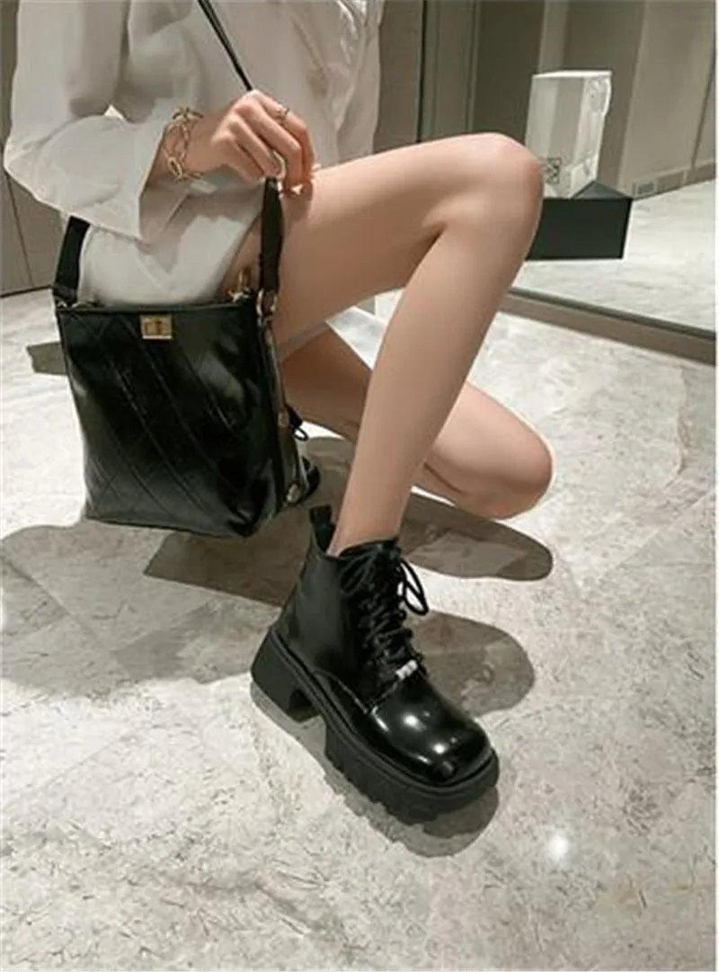 Women's Genuine Leather Square Toe Cross Tied Platform Ankle Boots