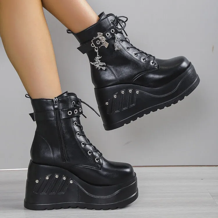 Women's Handmade Autumn Lace Up Chain Motorcycle Zipper Boots Shoes