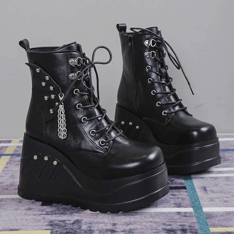 Women's Handmade Autumn Lace Up Chain Motorcycle Zipper Boots Shoes