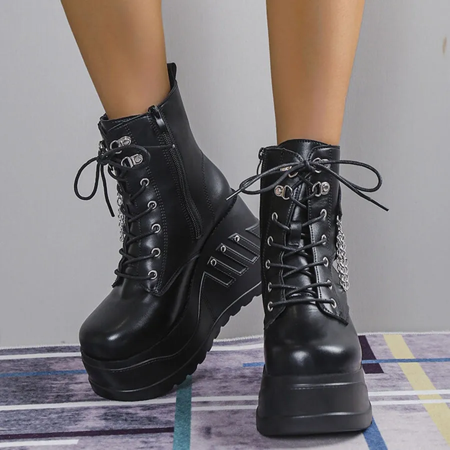 Women's Handmade Autumn Lace Up Chain Motorcycle Zipper Boots Shoes