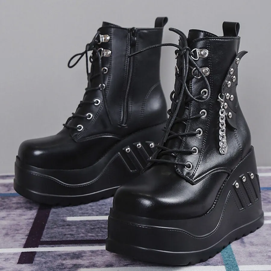 Women's Handmade Autumn Lace Up Chain Motorcycle Zipper Boots Shoes