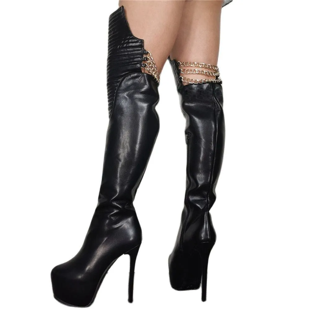 Women's Round Toe Solid Pattern Chain Platform Side Zipper Knee High Boots