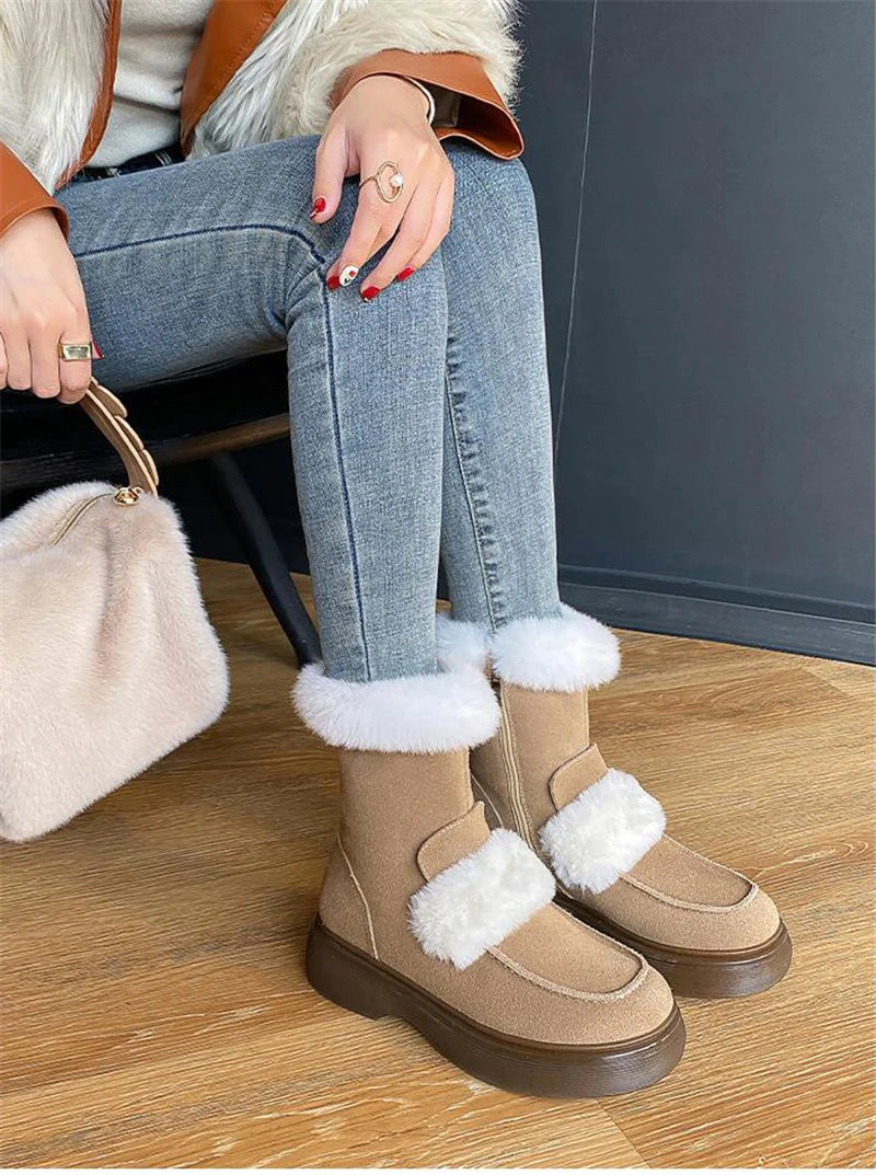 Women's Round Toe Waterproof Suede Concise Soft Zipper Snow Boots