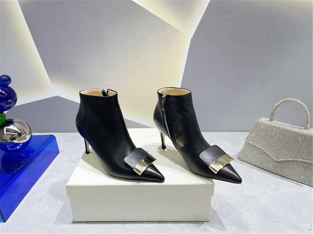 Women's Solid Pointed Toe Metal Decor High Heel Side Zipper Ankle Boots