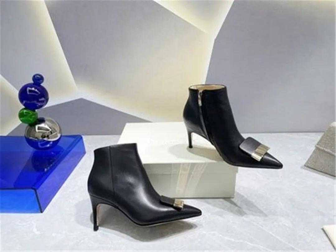 Women's Solid Pointed Toe Metal Decor High Heel Side Zipper Ankle Boots