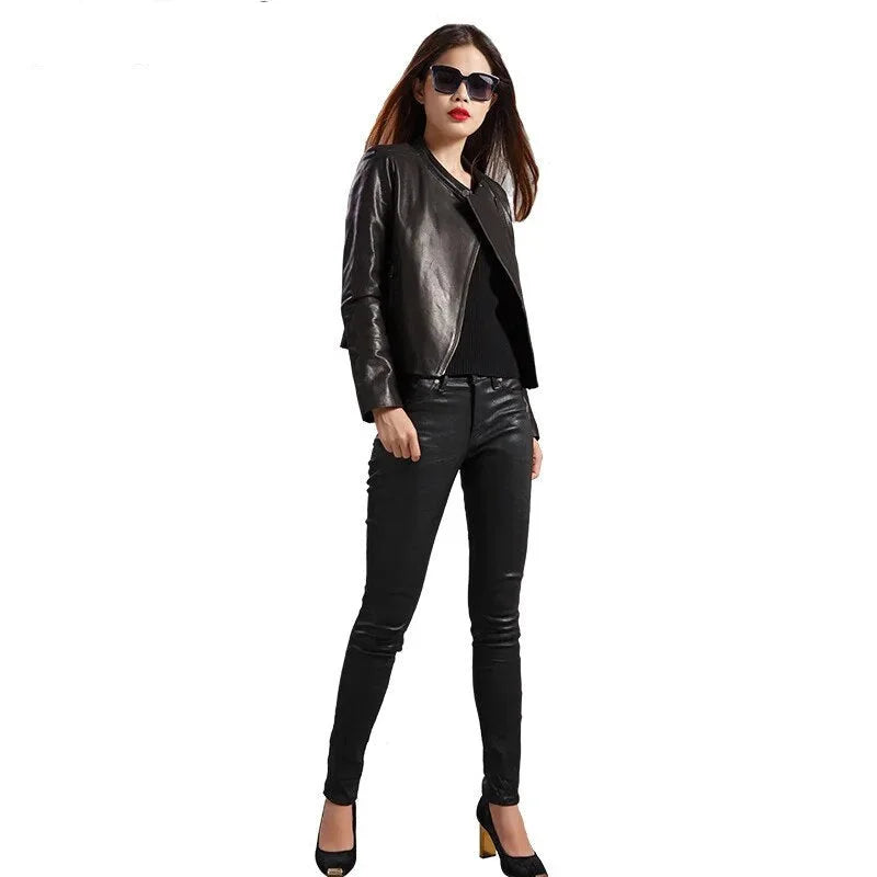 Women's Vintage Real Sheepskin Leather Slim Fit Short Motorcycle Jacket