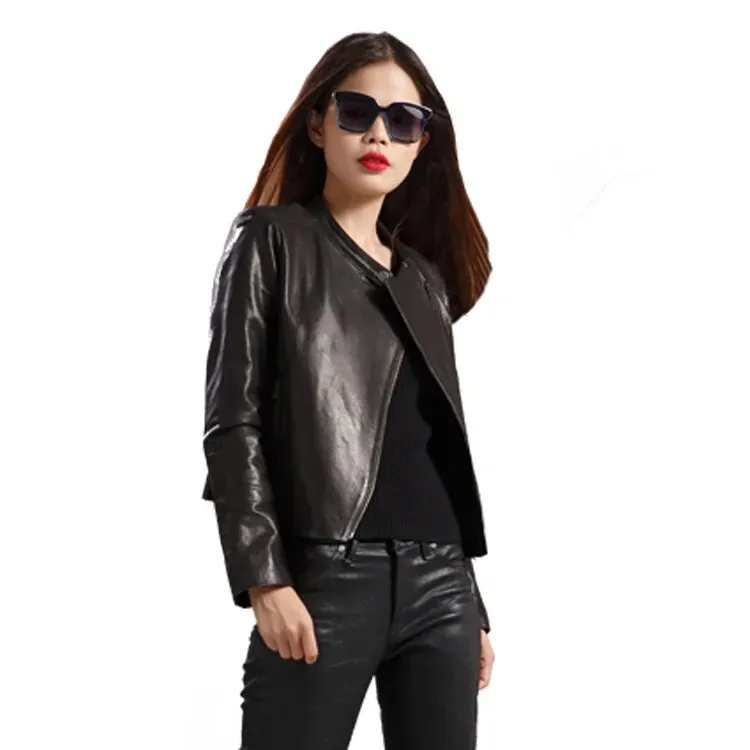 Women's Vintage Real Sheepskin Leather Slim Fit Short Motorcycle Jacket