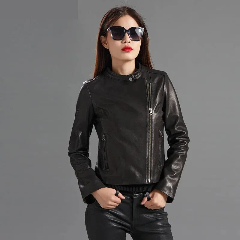 Women's Vintage Real Sheepskin Leather Slim Fit Short Motorcycle Jacket