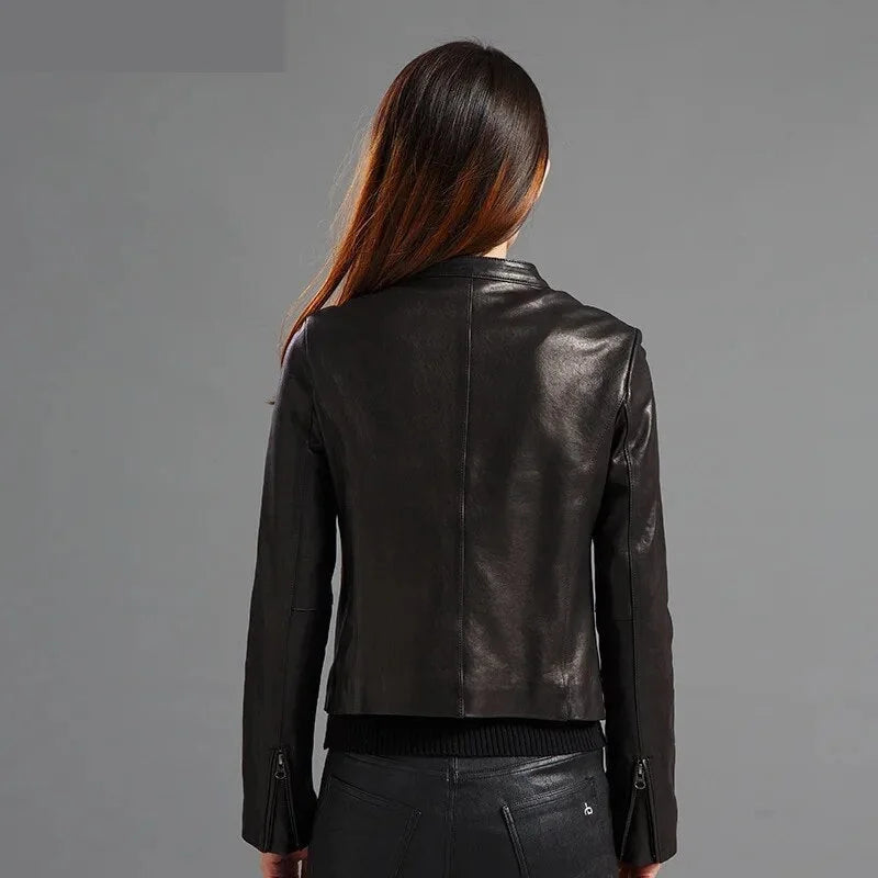 Women's Vintage Real Sheepskin Leather Slim Fit Short Motorcycle Jacket