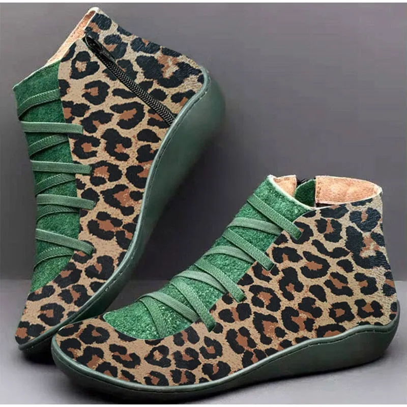 Women's Winter Fashion Leopard Green Short Lace-Up Ankle Snow Boots