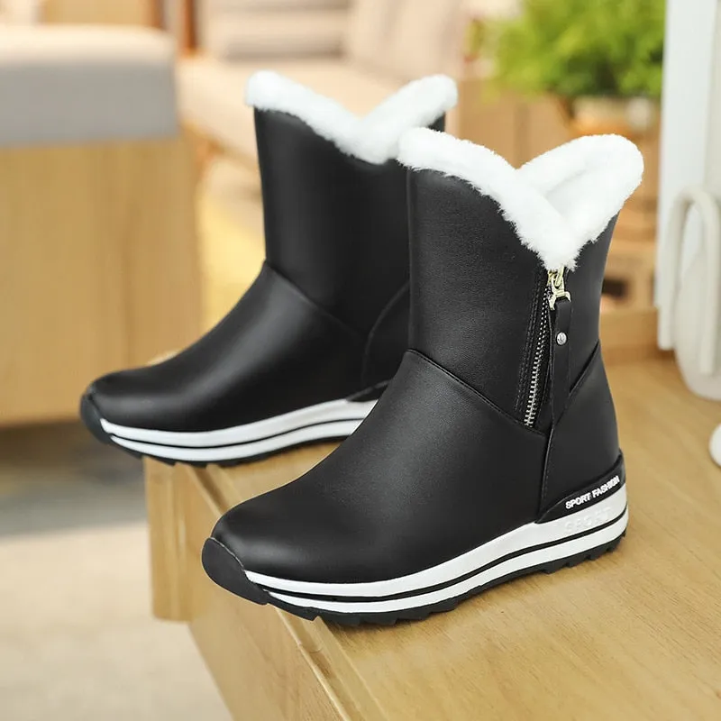 Women's Winter Synthetic Leather Mid-Calf Fur Waterproof Ankle Snow Boots