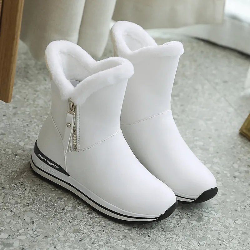 Women's Winter Synthetic Leather Mid-Calf Fur Waterproof Ankle Snow Boots