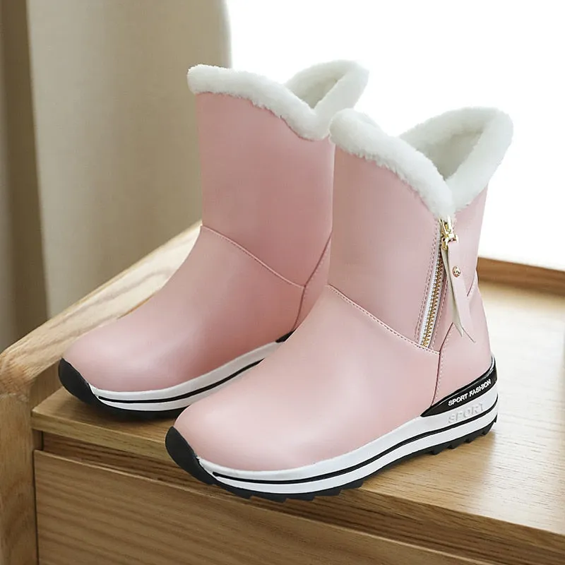 Women's Winter Synthetic Leather Mid-Calf Fur Waterproof Ankle Snow Boots