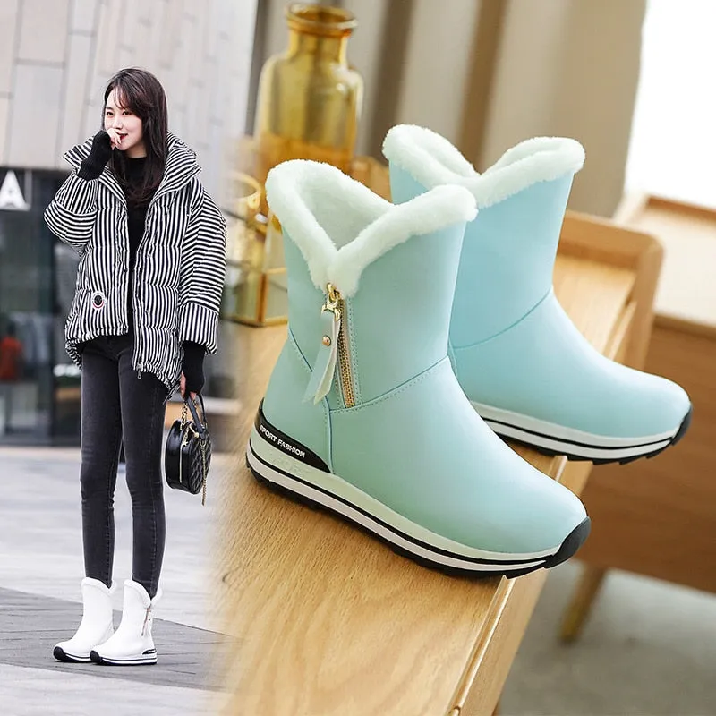 Women's Winter Synthetic Leather Mid-Calf Fur Waterproof Ankle Snow Boots