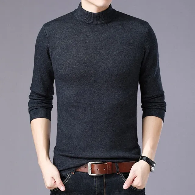 Xituodai Men's Winter Sweater Thick-Plain Knit Base Woollen Sweater Middle-aged Men'S Wear Slim Fit Stretch Sweater Men's